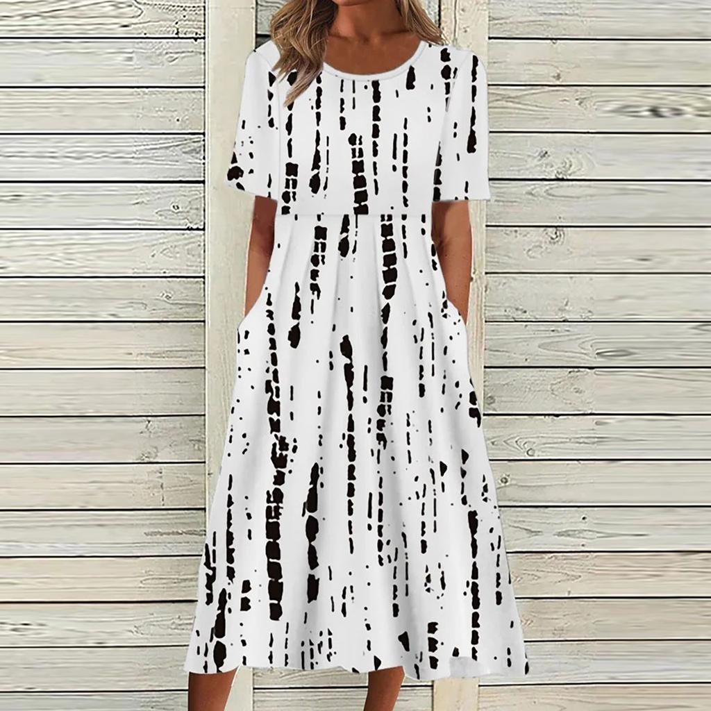 Women's Summer Casual Fashion Printed Short Sleeve 2022 O-Neck Pocket Dress