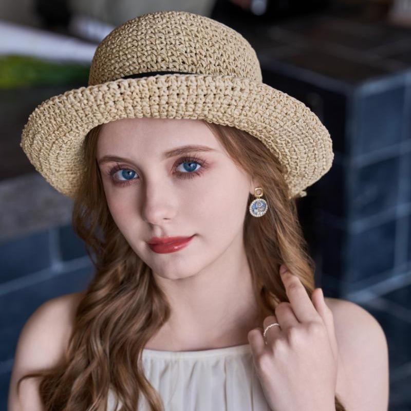 Summer bow woven hollow breathable hat sun hat women's sun protection versatile beach straw woven basin hat