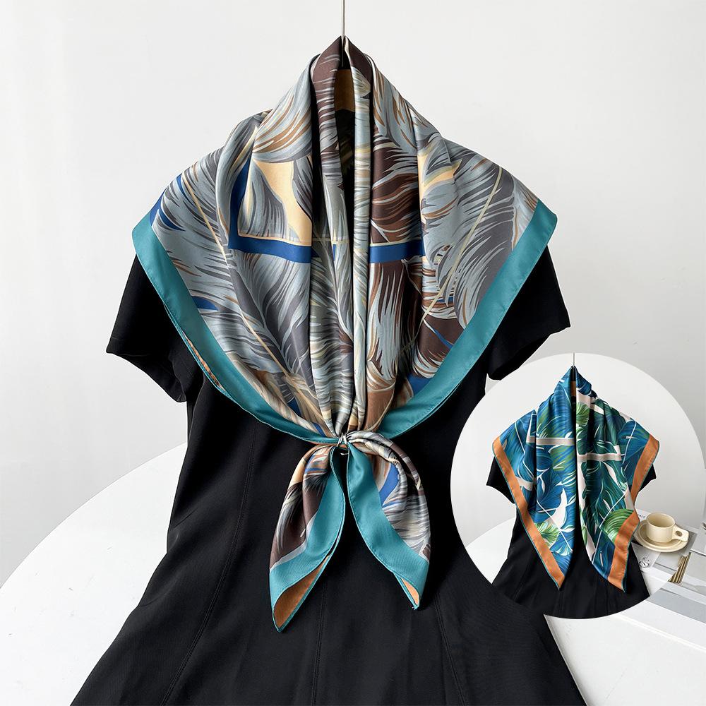 Leaf print 90cm twill silk double-sided plant print silk scarf large square scarf women s new scarf headscarf square shawl