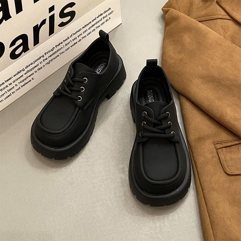 Wind black small leather shoes women's spring versatile lace-up soft sole retro casual single shoes non-slip