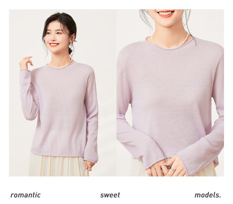 [Solid Color Basic Edition Sweater] Winter Round Neck Long Sleeved Rolled Edge Design Versatile Daily Women's Wool Sweater
