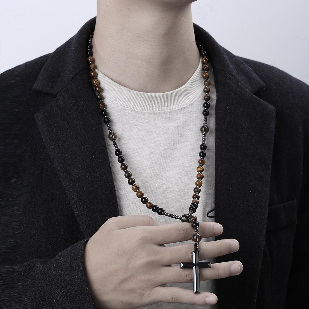 Collana Ciondolo Croce con Perle Occhio di Tigre Retro - Catena per Maglione Moda Unisex in Giallo