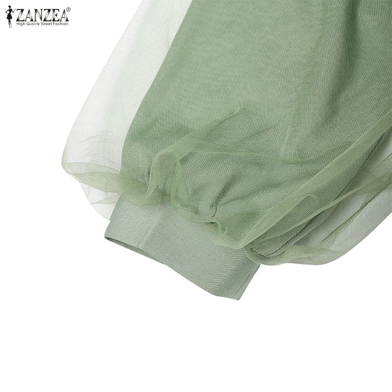 ZANZEA Women Casual Round Neck Long Sleeve Loose Patchwork Mesh Long Dress