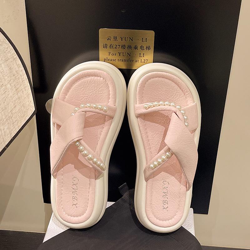 

Fashion cool slippers 2025 summer new with skirt fairy wind beaded thick bottom cross beach one word cool slippers 40 розовый