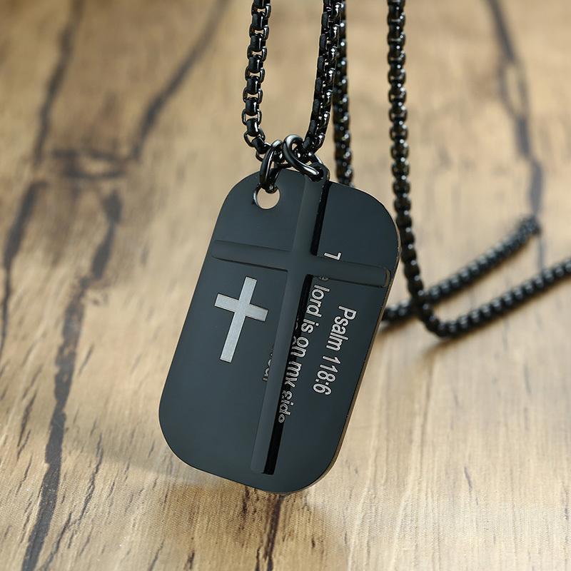 Vnox Personalized The Bible Cross Dog Tag Necklaces for Men Women, Black Stainless Steel Custom Prayer Christian Jewelry