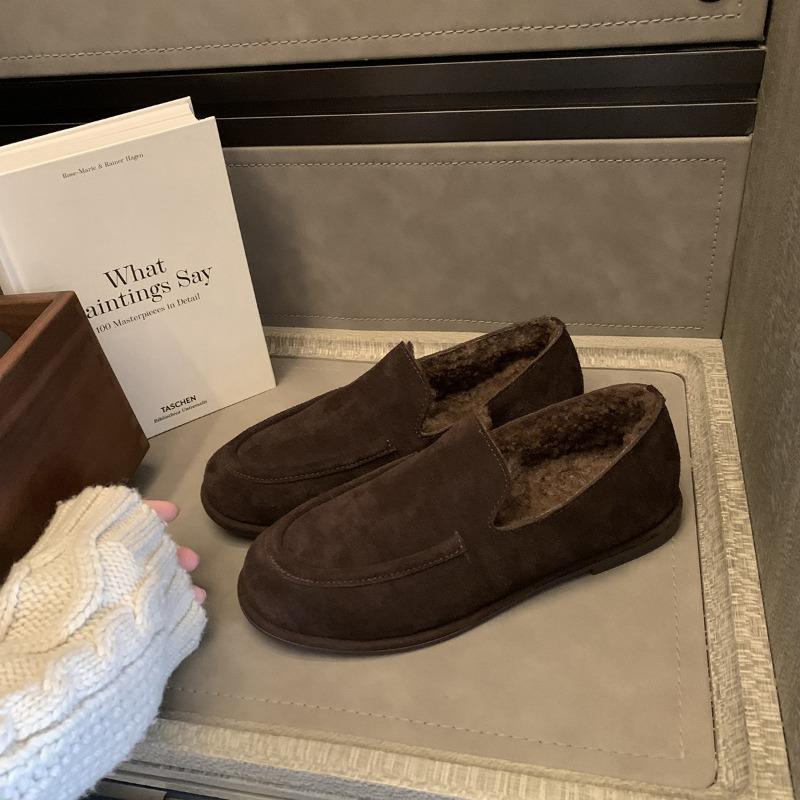 Cowhide Version~ Genuine Leather Retro Soft Waxy Women's Autumn and Winter New Round Head One-pedal Plush Beanie Shoes