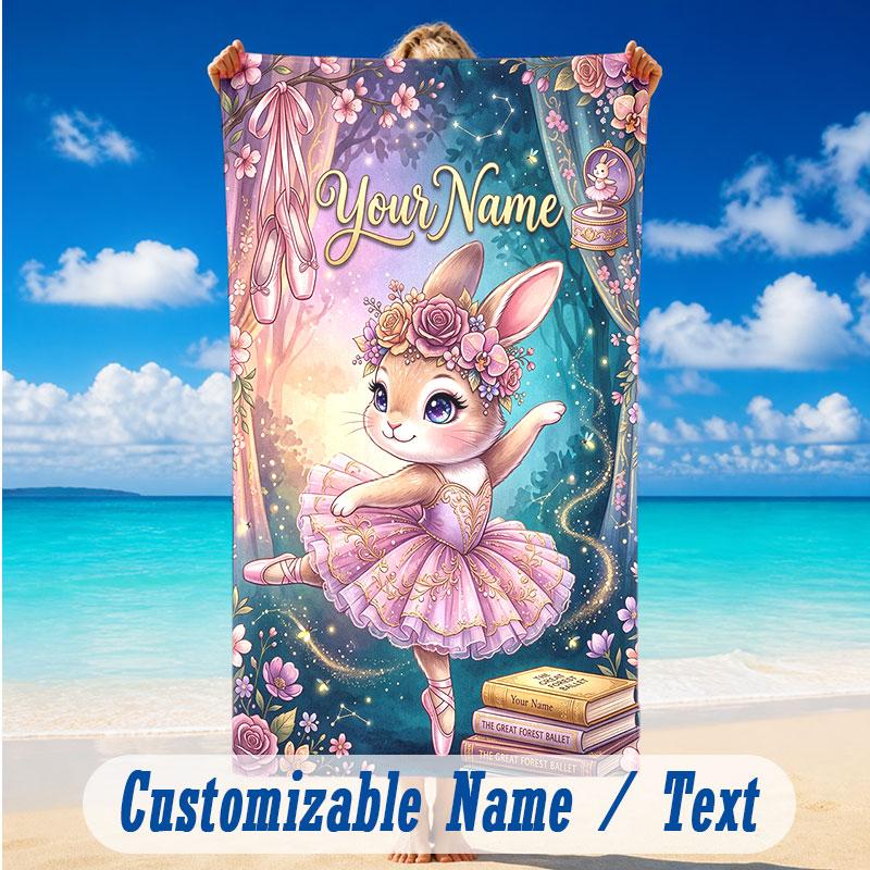 Easter Bunny Theme Beach Towel Personalized Custom Name & Text Soft Quick Dry Beach Towel for Swimming Travel