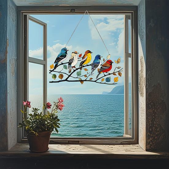 Yousheng Colorful Birds Sun Catcher Acrylic Hanging Ornament Stained Glass Style Suncatcher Bird Lovers Gift for Home Window Decor Garden Porch
