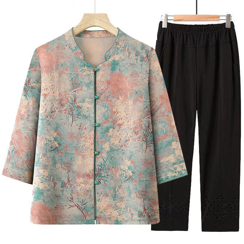 Summer Outfit Shirt and Pants Two Piece Set for Women Grandma Casual Mother Clothes