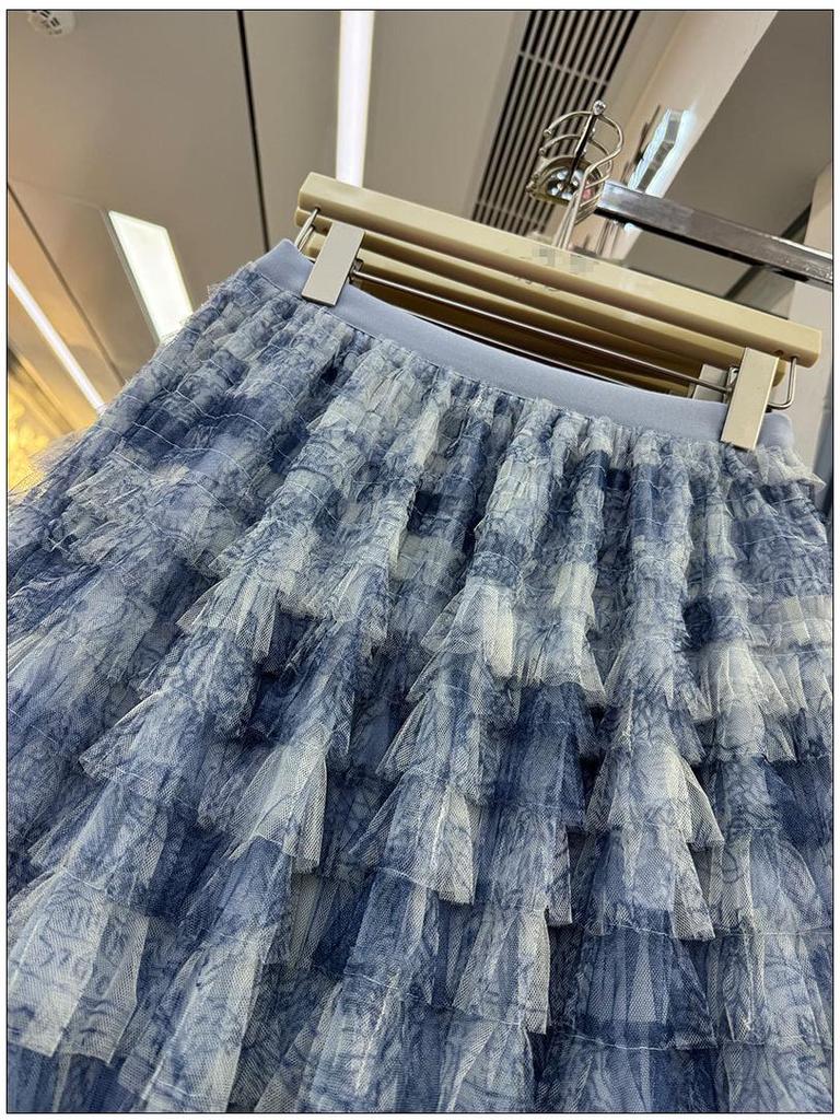 Verlaufender Retro Batik Mesh Tüll Midi Rock