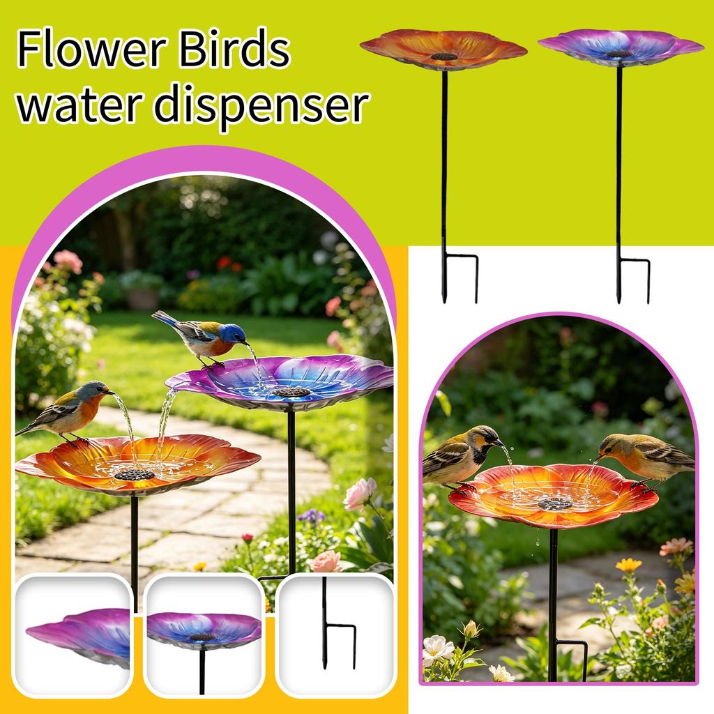 Bebedero de Pájaros de Vidrio con Estaca de Metal para Jardín Exterior Patio Césped Forma de Flor Decorativa Cuenco de Agua Comedero para Pájaros Mariposas y Animales Pequeños