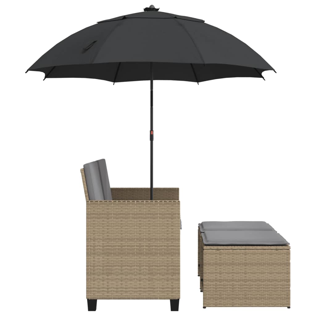2 Seater Garden Sofa with Sun Umbrella and Footstools Beige Poly Rattan