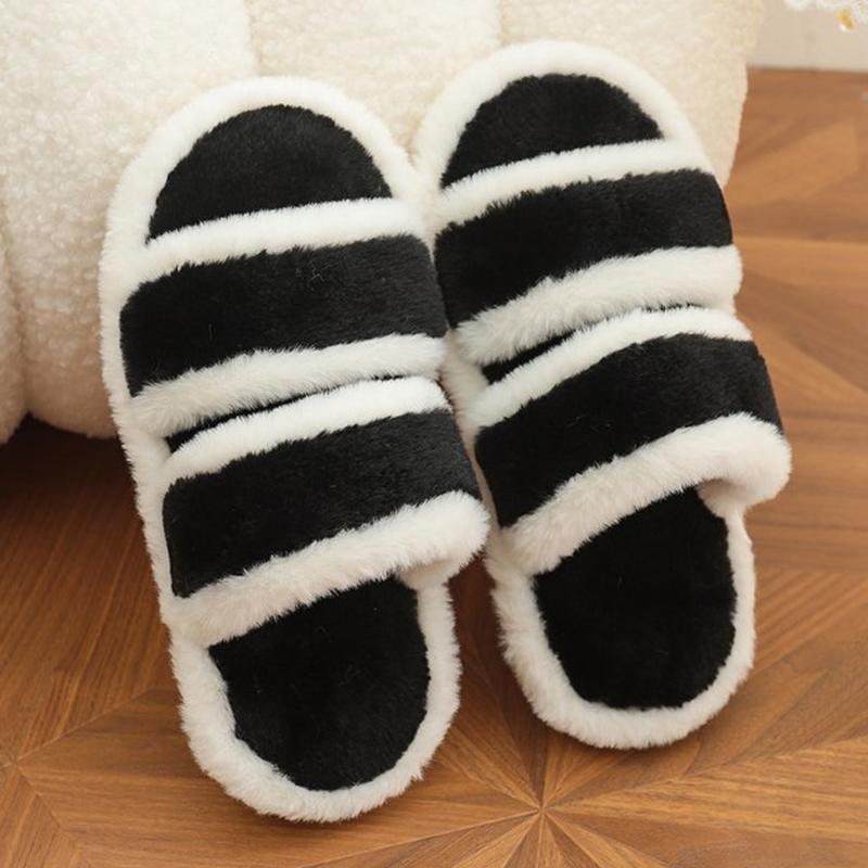 Fashion Indoor Furry Warm House Slippers Women Chic Mix Color Cotton Slides Woman Autumn Winter Open Toe Non Slip Plush Slippers Ladies