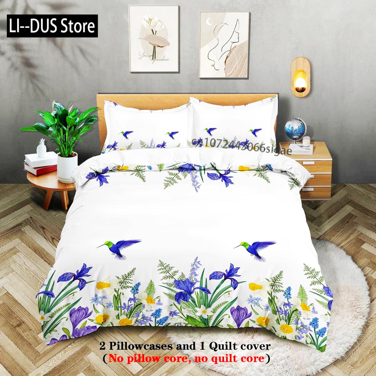 Flowers And Birds Pattern Printed Bedding Set, Suitable For Women Bedroom, Queen, King, Twin Bed,1*duvet Cover+2*pillowcase 135x200cm