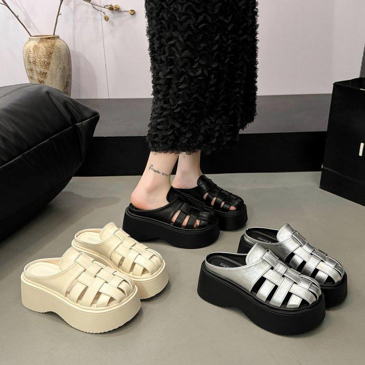 Thick bottom heightening bag head half slippers women's summer wear 2025 new summer fashion hollow muffin beach cool slippers