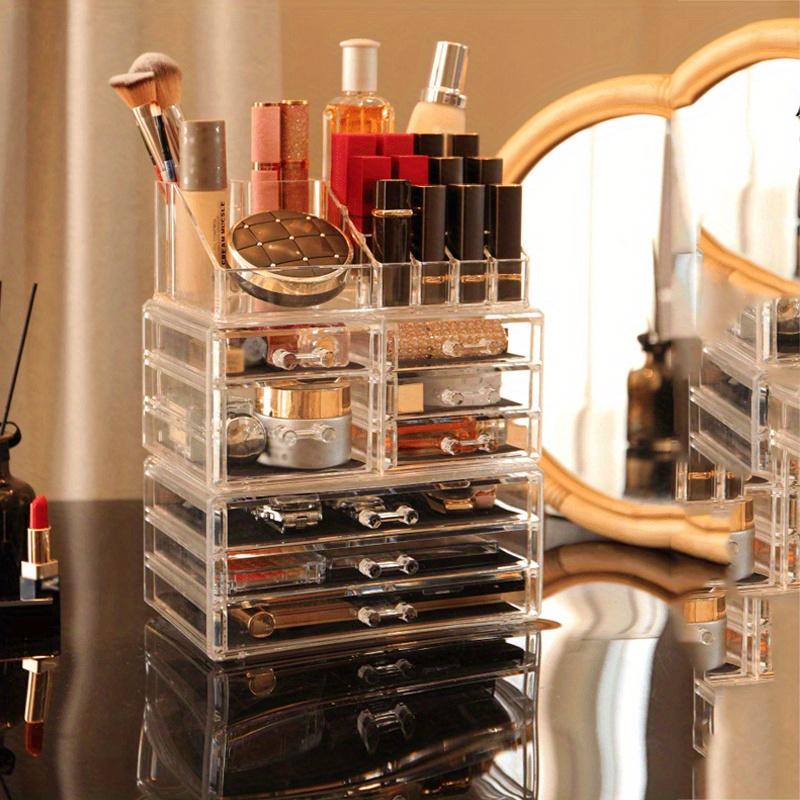 4pcs-1set Cosmetics Plastic Storage Box with Multiple Grids&9 drawers,Stackable Large Capacity Transparent Cosmetics Skincare Display Box.