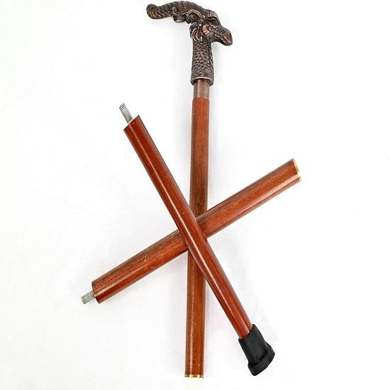 Canne en bois avec manche en cuivre et tête de dragon, fabriquée à la main