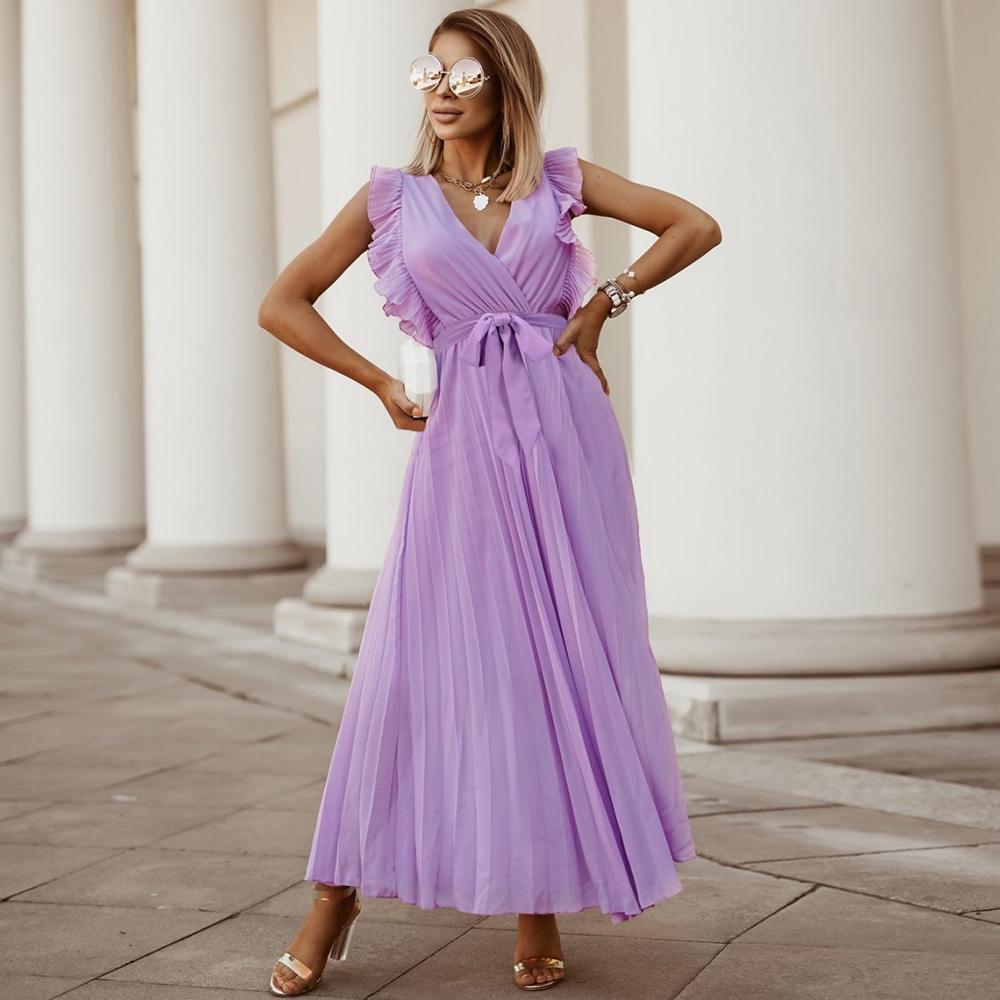 Women's V Neck Ruffle Sleeve Solid Color A Line High Waist Casual Long Dress