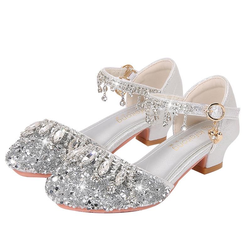 

Туфли на высоком каблуке для девочек, туфли принцессы, платье для маленькой девочки, хрустальные туфли, мягкая подошва, серебристые, детская мода, обувь для выступлений, кожаная обувь 38 серебряный