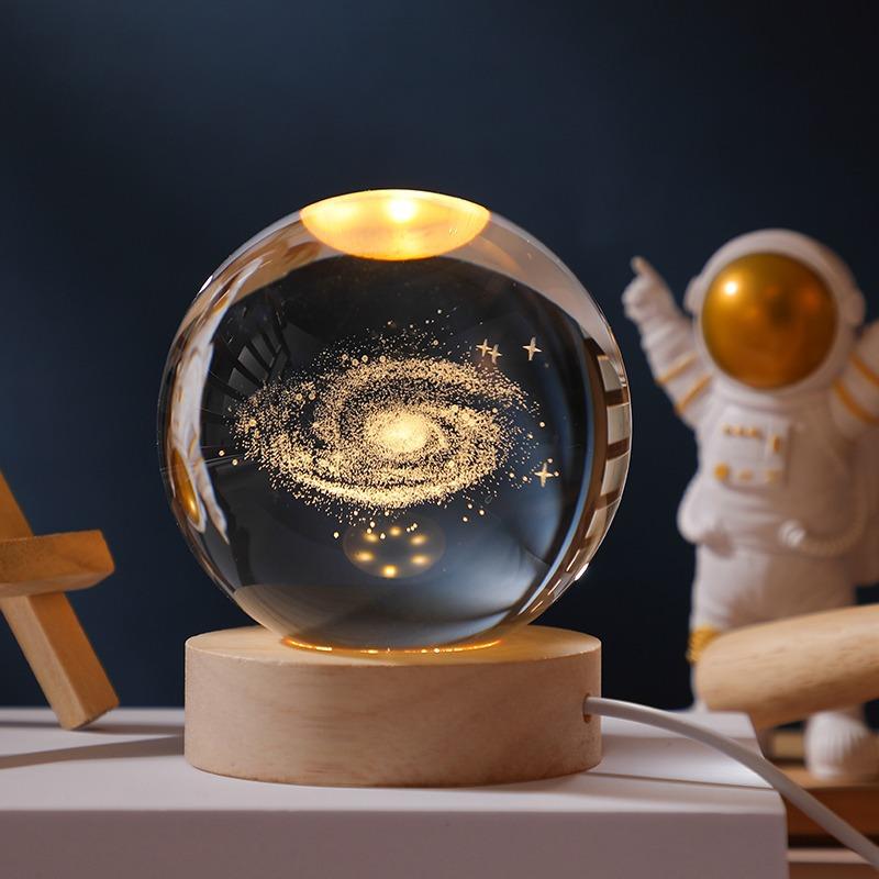 3D Crystal Ball Light Solar System Planet Pattern Crystal Ball Round Wooden Base Night Light for Kids Bedroom Table Desk Decor