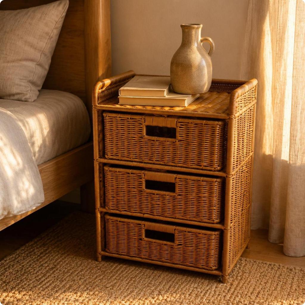 Woven Rattan Storage Cabinet Slim Legs Nightstand Space-Saving
