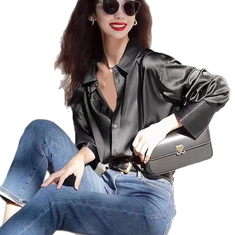 2026 Early Spring Elegant Black Satin Shirt - Petite, High-End Fashion for Women