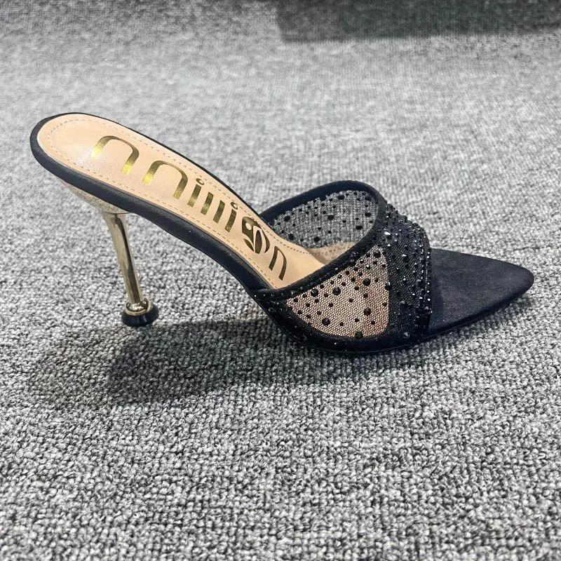 Sommer Damen Hausschuhe Sexy Spitz Strass Mesh Damen High Heel Hausschuhe Weibliche Party Hochzeit Brautschuhe