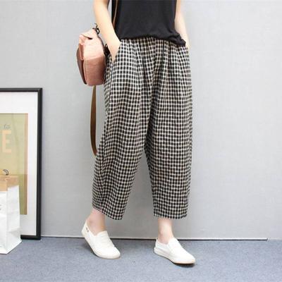 Summer Literary Vintage Plaid Printing Harem Pants Women Elastic Waist Loose Casual All-match Pocket Trousers