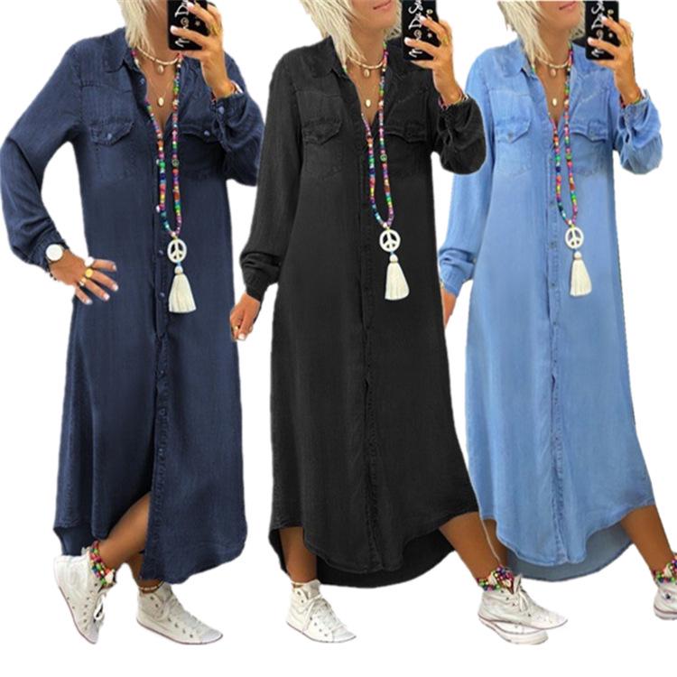 2023 European & American Fashion Denim Long Skirt with Shirt Collar