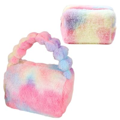 [Queen-b] Colorful, Fluffy Fur Handbag with Pouch, Perfect for Travel and Outings. Rainbow-Colored, Stylish, and Cute for Women. Perfect for