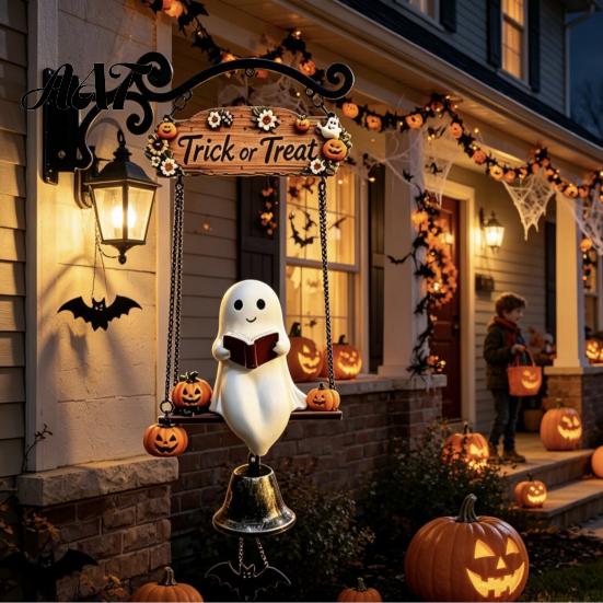 Retro Pumpkin Bat Bell Ghost Wind Chime Wall Hanging, Halloween Porch Yard Decor with Resin Metal Bell, Aged Relief Ornament Vintage Farmhouse