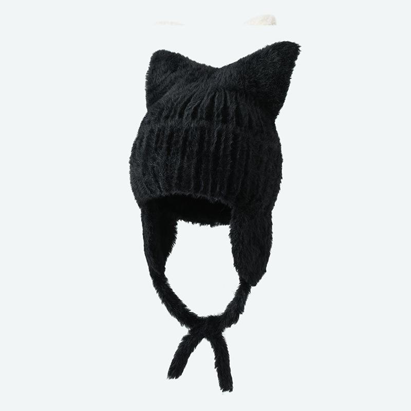 Korean New Hat for Women's Autumn and Winter Solid Color Knitted Wool Hat Cute Cat Ears Winter Warm Ear Protection Hat