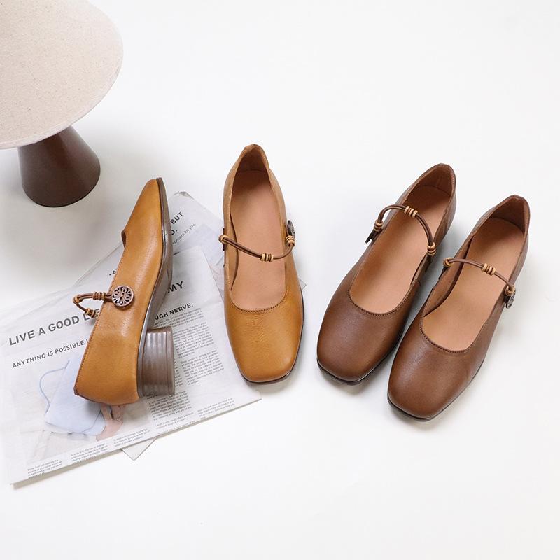 Johnature Genuine Leather Retro Women Shoes Handmade Round Toe Buckle Low Heel Comfortable Pumps
