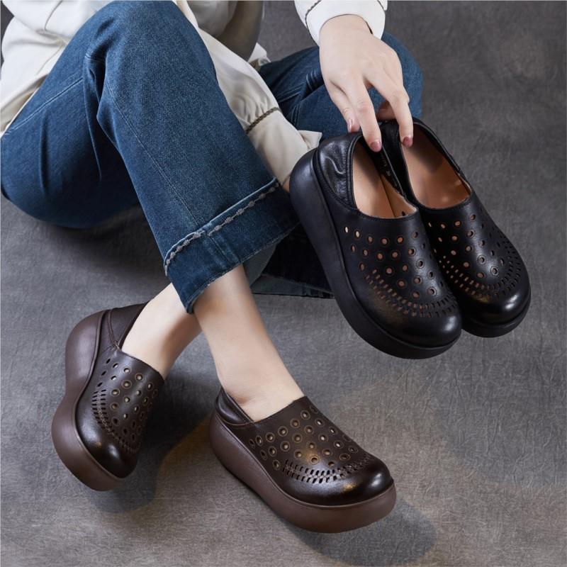 Johnature Echtes Leder Ausgeschnittene Keilsandalen mit dicker Sohle Bequeme und atmungsaktive Damen-Schlupfschuhe