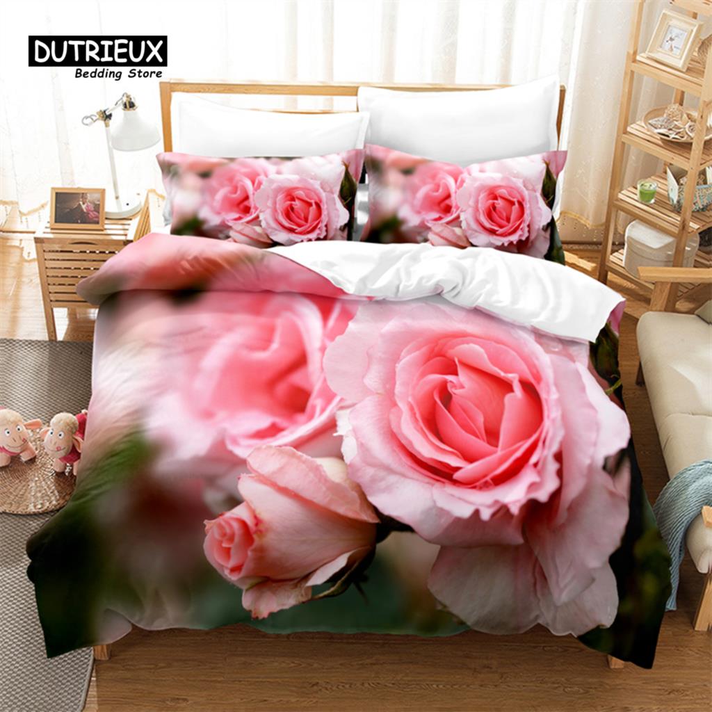 Pink Roses Bedding Set, 3Pcs Duvet Cover Set, Soft Comfortable Breathable Duvet Cover, For Bedroom Guest Room Decor