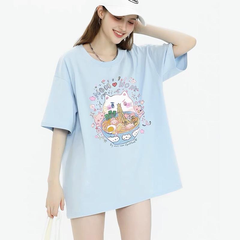 

Летние футболки из 100% хлопка с милым мультяшным котом и принтом, женские футболки в стиле хип-хоп, уличная одежда, повседневная футболка, женские топы Harajuku большого размера с короткими рукавами, синие, розовые, y2k.
