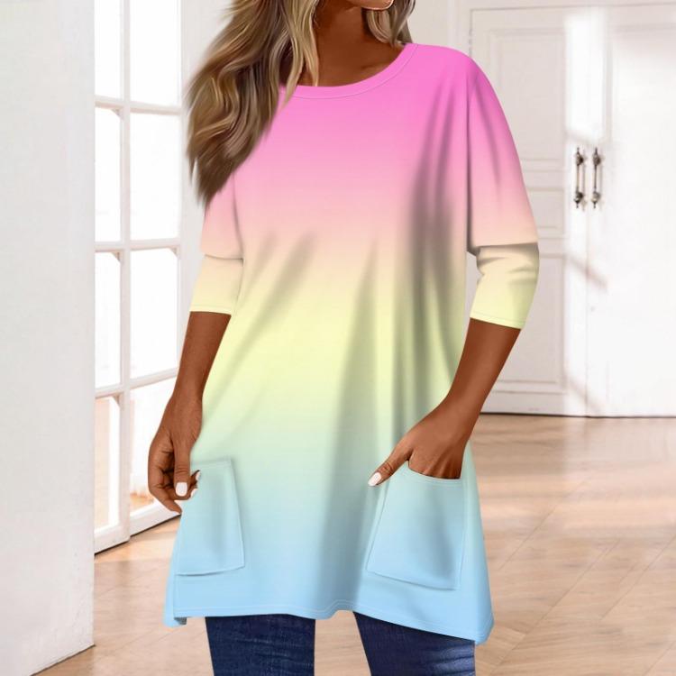 Women 3/4 Sleeve Round Neck T Shirt Casual Print Blouse Pullover Tops with Pocket Mid Length