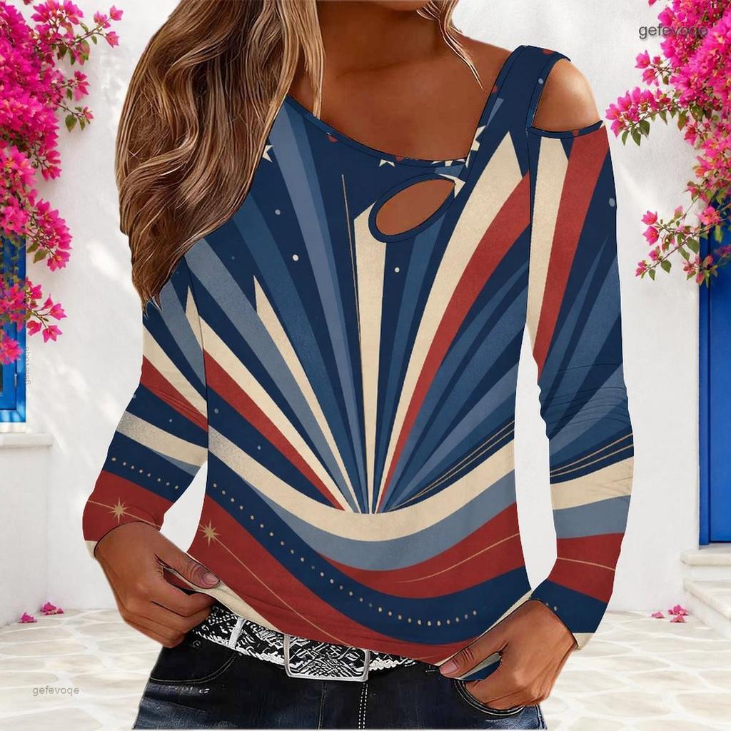 Women Plus Size Beige Red Navy Star Stripe Printed Asymmetric Cutout Cold Shoulder Long Sleeve Fitted Top