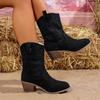 Fashion Women's Fashion Pointed Toe Embroidered Non-Slip Wear-Resistant Mid-Tube Boots Block Heel Suede