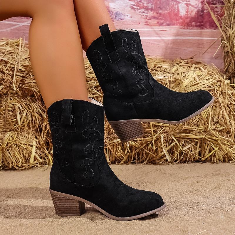 Fashion Women's Fashion Pointed Toe Embroidered Non-Slip Wear-Resistant Mid-Tube Boots Block Heel Suede
