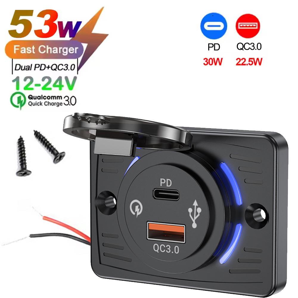 12-24V Dual USB Car Power Socket with PD and QC3.0 Fast Charging Port