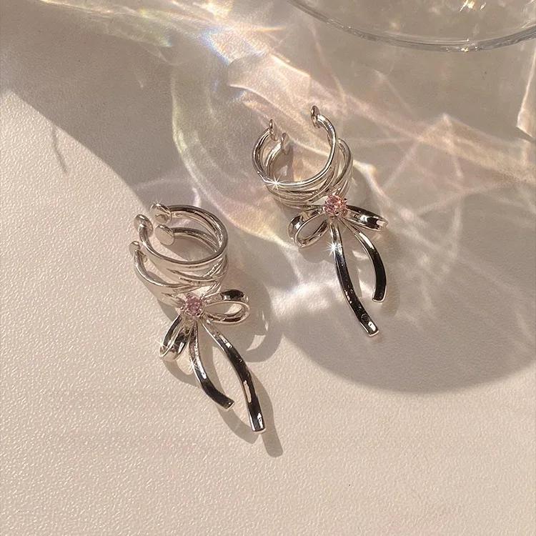 Korean Fashion Elegant Bow Knot Clip Earrings Women Non-Piercing Ear Clips Ballet Ribbon Style Aesthetics Ear Cuff Jewelry Gifts