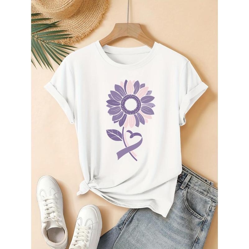 

Summer 2026 New Sunflower & Heart Print T-Shirt - Short Sleeve Round Neck Casual Blouse, Korean Style Spring Summer Outfits S белый
