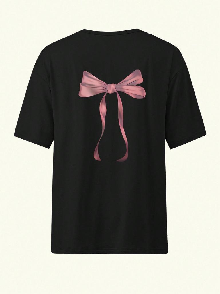 Women's Pink Bow Print Short Sleeve Loose T-Shirt - Spring/Summer Design