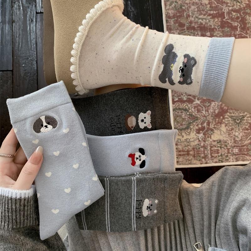 Female Spring and Autumn Assorted Cartoon Cute Dog Embroidery Boneless Drum Pile Pile Cotton Socks