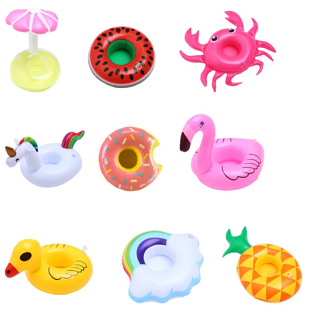 Available: Inflatable Cup Holders - Flamingo, Donut, Lemon, Watermelon, Pineapple, Crab, and Heart.