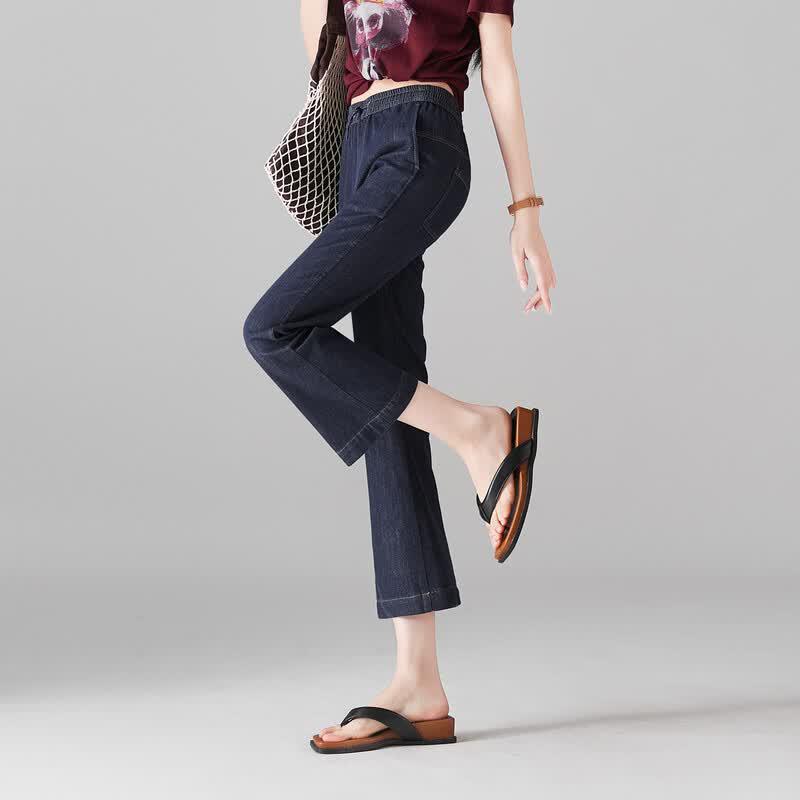 SOFSIL Women's Elastic Waist Denim Micro-Flare Cropped Pants