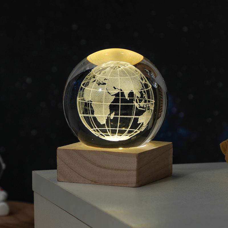 3D Solar System Crystal Ball Night Light with Wooden Base - Luminous Desktop Home Decor & Birthday Gift