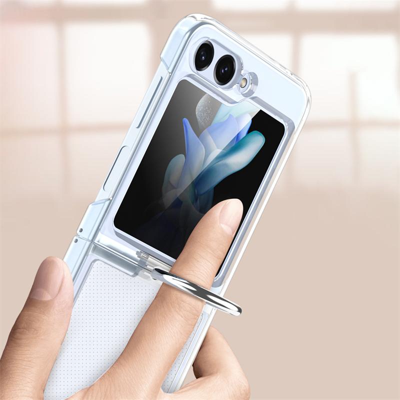 Solid Color Folding With Finger Ring Buckle Case For Samsung Z Flip 6 5 Zflip 5 Z Flip4 Z Flip 3 5G Shockproof Matte Clear Cover