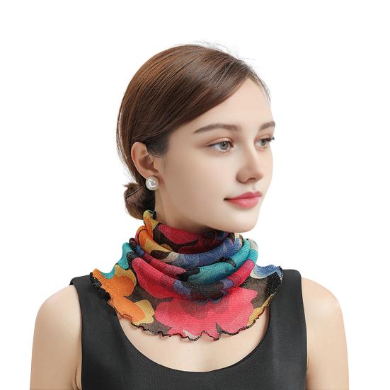 Women Floral Chiffon Ring Scarf Neck Guard False Collar Elastic Bib Wraps Travel Scarf Versatile Accessory